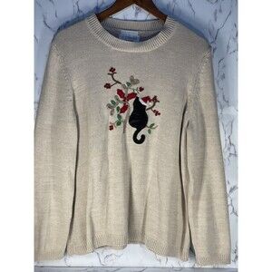 Vintage CJ Banks Women’s Hand Embroidered Cream Holiday Cat Sweater Size 1X